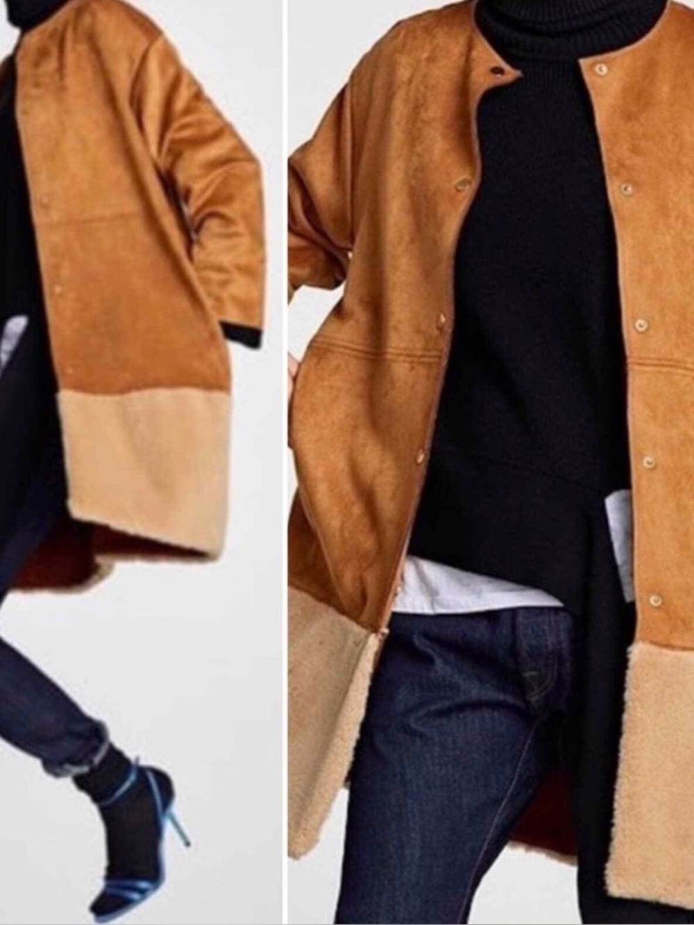 Zara Two-Tone Shearling Coat - Tan